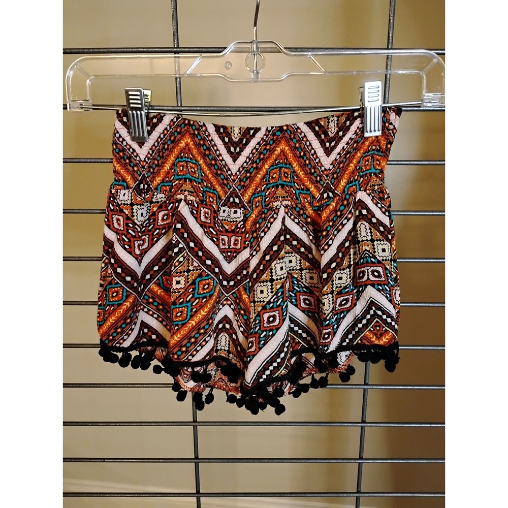 LA Hearts Womens Boho Geometric Tribal Print Pom Pom Trim Shorts Orange Teal XS